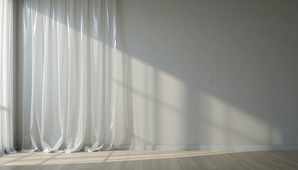 Obraz premium Sunlight streaming through sheer curtains in a minimalist room indoor photography tranquil atmosphere natural light calm viewpoint
