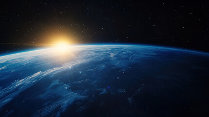 Obraz premium breathtaking view of Earth from space, showcasing planet curvature and sun rising on horizon, creating serene and awe inspiring atmosphere