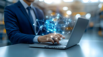 A businessman skillfully navigating a complex digital network, seamlessly connecting data points on his laptop, glowing with technological innovation and potential.