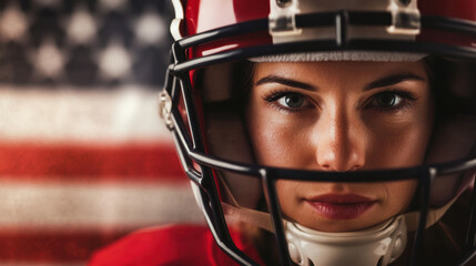 determined woman in football helmet stares confidently at camera, embodying spirit of American football against backdrop of American flag