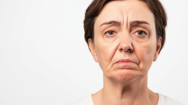 woman with sagging cheeks and serious expression stands against white studio background, conveying sense of sadness and contemplation