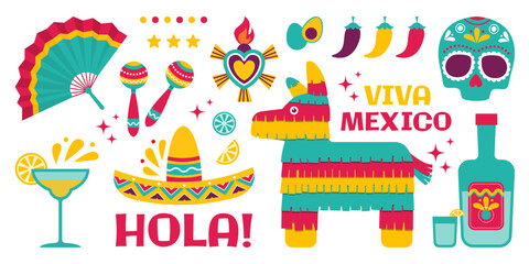 Colorful illustration of  Mexican symbols, such as a pinata, sombrero, maracas, and skull,.Festive atmosphere, vibrant colors, and lively cultural motifs. Viva Mexico. Cinco de mayo. Hola © oksanagrytsyuk