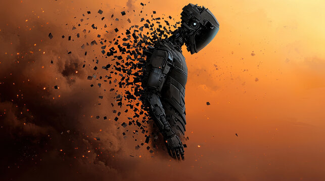 cybernetic figure disintegrates into particles against dramatic orange sky, evoking sense of mystery and transformation