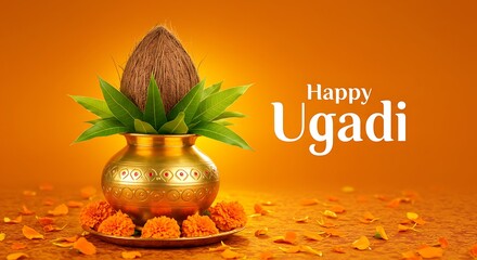 Golden Kalash with Coconut and Mango Leaves for the Celebration of Ugadi