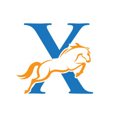 Initial Letter X Horse Logo Design Concept With Jumping Horse Symbol Vector Template