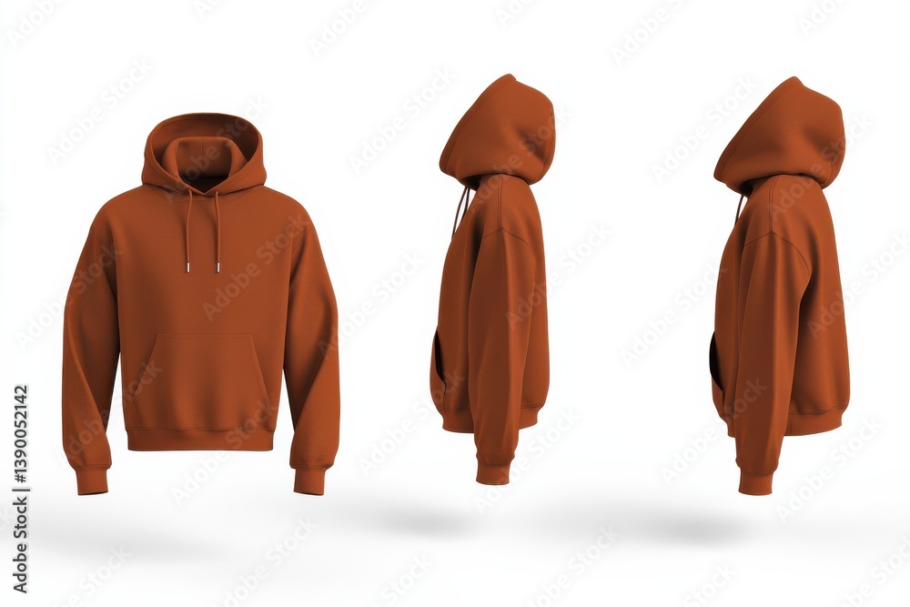 Poster Stylish brown hoodie displayed from multiple angles in a neutral setting, highlighting design and fit