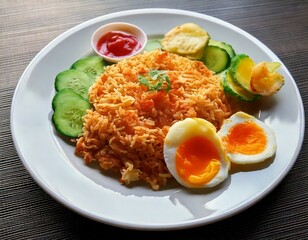Indonesian fried rice served with fried egg, sliced ​​cucumber, crackers and chili sauce, on a white plate, a traditional breakfast concept