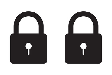 Black isolated icon of locked and unlocked lock on white background. Set of Silhouette of locked and unlocked padlock. Flat design.