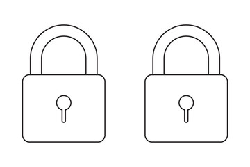 Black isolated icon of locked and unlocked lock on white background. Set of Silhouette of locked and unlocked padlock. Flat design.