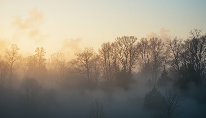 Fototapeta premium Serene morning mist transitioning over trees in a foggy landscape nature photography peaceful environment aerial view tranquility concept