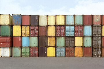 Obraz premium Stacked shipping containers at a busy port showcase diverse colors and effective space utilization in logistics operations