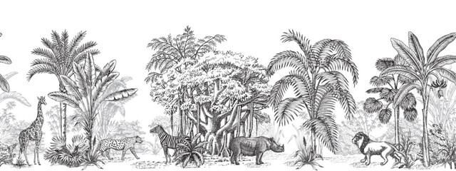 Toile tropical vintage botanical palm trees, banana tree, plants, lion, giraffe, rhino, leopard, zebra animal seamless border. Graphic jungle mural. © good_mood