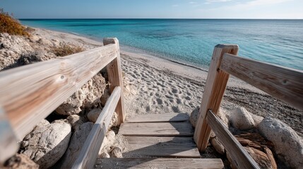 This image captures rustic wooden stairs that descend towards crystal clear tropical waters, creating a serene path to a peaceful beach and inviting outdoor escapades.