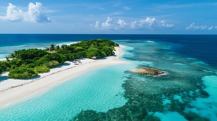 Aerial View of Lush Tropical sea, White Sand Beach and Turquoise Ocean Water