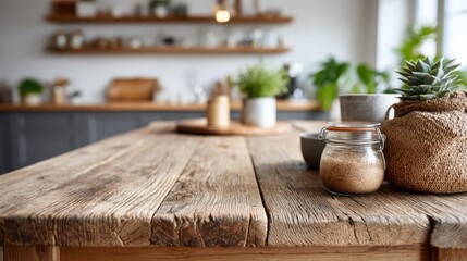 Highlighting natural beauty, this rustic kitchen scene features textured wood surfaces, jars filled with spices, and potted plants that create a warm and inviting atmosphere for home cooking.