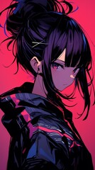 Stylish Anime Girl with Purple Hair and Red Background
