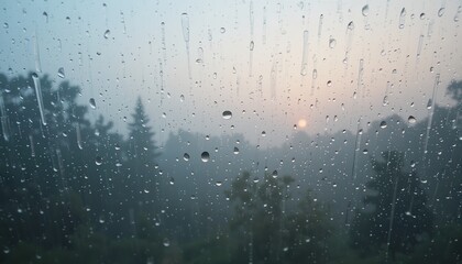 Obraz premium Rainy sunset view through window nature scene tranquil atmosphere outdoor setting soft focus serene concept for relaxation