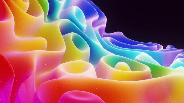 Rainbow gradient. Beautiful abstract 3D surface with extrude or displace waves transform in loop. Soft matte material like sweetness or marmalade with light inner glow, glitters in morphing surface.