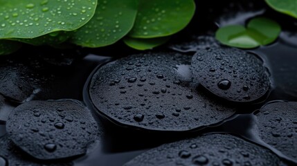 Water droplets on dark stones and green leaves