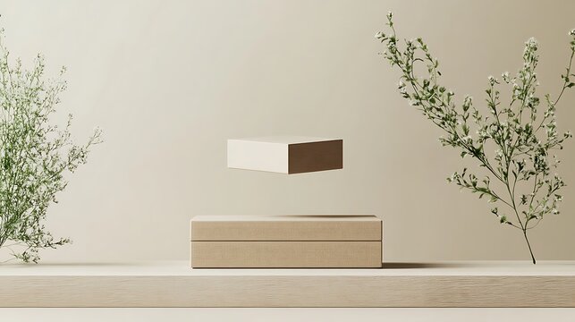 Beige Textured Box Pedestals with Floating Block and Floral Accents on Light Background