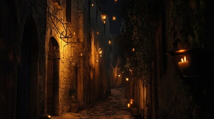 Fototapeta premium A cobblestone alleyway illuminated by many glowing lanterns at night