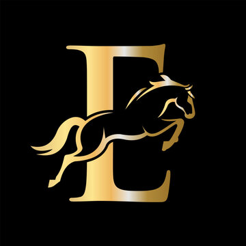 Initial Letter E Horse Logo Design Concept With Jumping Horse Symbol Vector Template