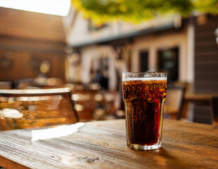 A refreshing glass of iced cola sits on a wooden outdoor table, glistening under the warm sunlight, evoking the perfect feeling of a relaxing summer day.