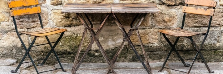 Outdoor Bistro Set against Stone Wall