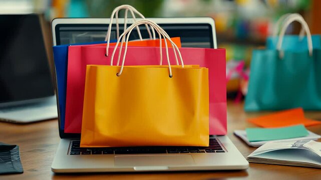 Online shopping experience with colorful bags and a laptop on a wooden table at a creative workspace