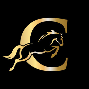 Initial Letter C Horse Logo Design Concept With Jumping Horse Symbol Vector Template