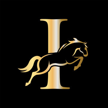 Initial Letter I Horse Logo Design Concept With Jumping Horse Symbol Vector Template