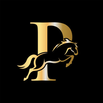 Initial Letter P Horse Logo Design Concept With Jumping Horse Symbol Vector Template