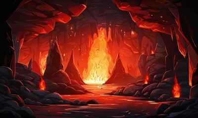 Dramatic underground cavern with molten lava illuminating rocky landscape at dusk