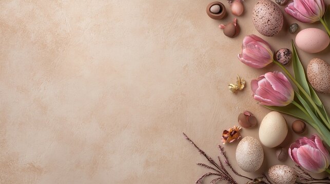 Spring-Inspired Easter Decor with Tulips, Eggs, and Beige Background, Flat Lay Top View, Copy Space for Design Templates