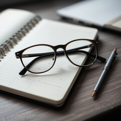 Glasses and a Notebook on a Desk &ndash; Minimalist Work Setup &ndash; Generative AI