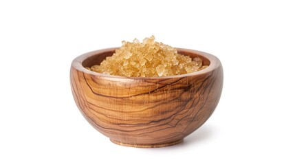 A wooden bowl that is filled with raw brown sugar crystals, presented in an isolated manner on a white background with elements of generative AI. The rustic wooden bowl and the natural brown sugar 