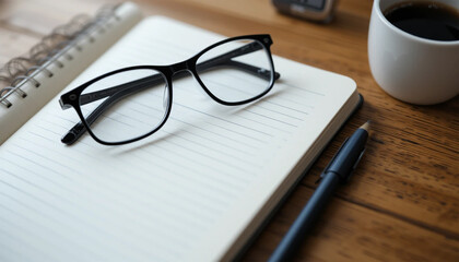 Glasses and a Notebook on a Desk &ndash; Minimalist Work Setup &ndash; Generative AI