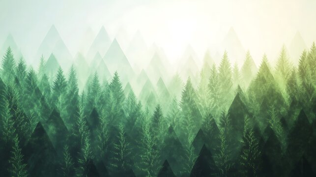 Misty green forest landscape with sunlit peaks.