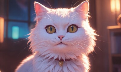 Fluffy white cat with captivating eyes gazing curiously in a cozy indoor environment during the evening