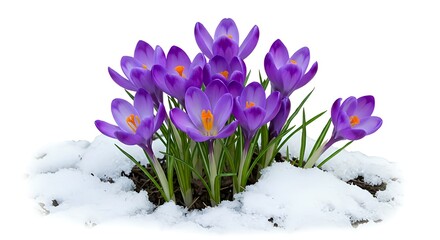 Purple crocuses bloomed, breaking through the snow.