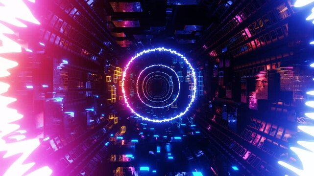 80's neon light style flight. Hi-tech neon sci-fi tunel. Trendy neon glow lines form pattern and construction in mirror tunnel. Fly through technology cyberspace. 3d looped seamless 4k bright bg.
