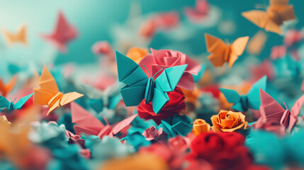 A vibrant display of origami flowers and butterflies in various colors.