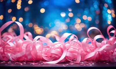 Colorful pink ribbons adorn a festive setting with sparkling lights in the background during a celebration