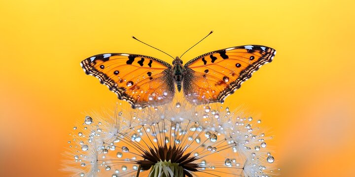 Fototapeta Beautiful butterfly perched on a dandelion in soft sunset glow