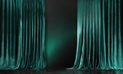 Rich green silk curtains create an elegant backdrop for a performance or presentation venue