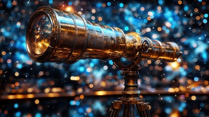 Antique telescope against starry night sky