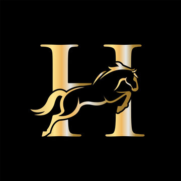 Initial Letter H Horse Logo Design Concept With Jumping Horse Symbol Vector Template