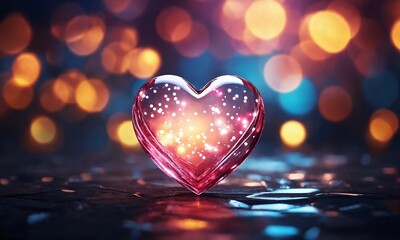 Heart-shaped crystal with sparkling lights glimmering in a blurred colorful background during nighttime