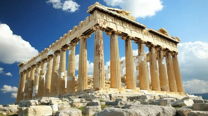 Obraz premium Ancient Greek temple, majestic columns against a vivid blue sky