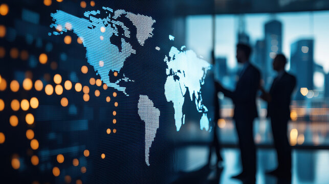 digital world map with silhouettes of businesspeople in modern office setting, symbolizing global business and international investment